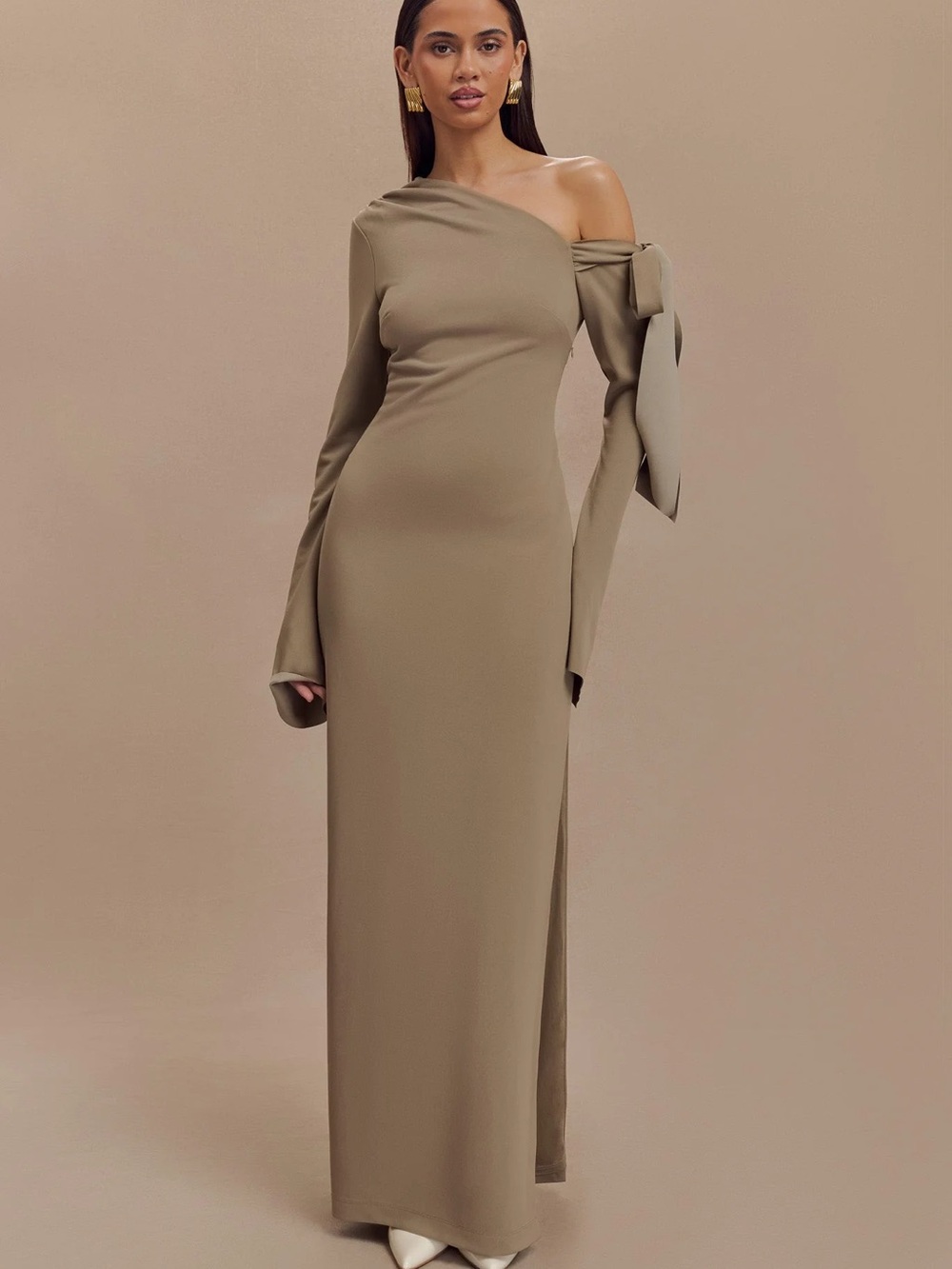Meshki One-Shoulder Taupe Maxi Dress with Sleeve Tie